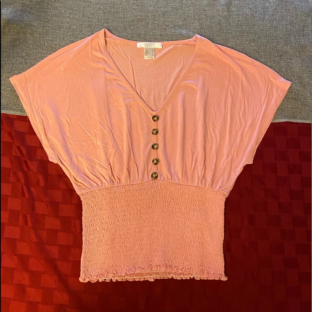 Venus Deep V Neck Button Detail Smocked Waist Top